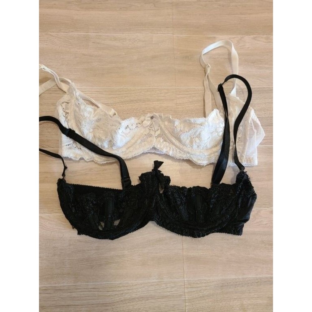 2 Shirley of Hollywood Open Cup Lace Bras Size 32 Black White Shelf Bra Lingerie - Picture 2 of 6